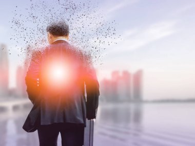 İş takım modern iş binalar ve arka planda cityscape çekip içinde işadamı gerçeküstü resmini. Dijital yenilik ve teknoloji bozulma kavramı.