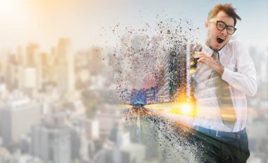 Modern binalar cityscape içinde arka planlar ile hızlı şehirde çalışan işadamı çift pozlama gerçeküstü görüntüsü. İş yarışmalar kavramı.