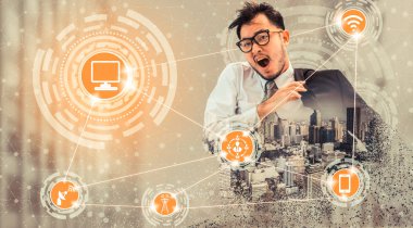 Akıllı şehir kablosuz iletişim ağı Internet şeyler (çok) ve bilgi iletişim teknolojisi (ICT) modern şehir binaları içinde belgili tanımlık geçmiş karşı grafik gösteren kavramı ile.