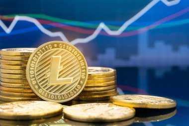 Litecoin (Ltc) ve cryptocurrency yatırım kavramı - fiziksel metal litecoin genel ticaret Döviz piyasa fiyatı grafik içinde belgili tanımlık geçmiş ile madeni paralar.