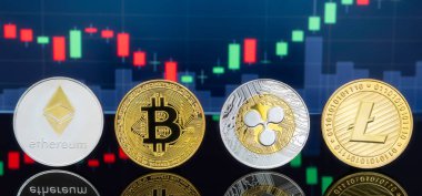 Bitcoin ve kavram - yatırım cryptocurrency fiziksel metal Bitcoin paralar ile küresel ticaret Döviz piyasa fiyatı grafiği içinde belgili tanımlık geçmiş.