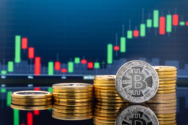 Bitcoin ve kavram - yatırım cryptocurrency fiziksel metal Bitcoin paralar ile küresel ticaret Döviz piyasa fiyatı grafiği içinde belgili tanımlık geçmiş.