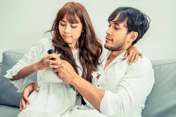 Young Couple Fight Remote Sofa Home Living Room Morning — Stock Photo, Image