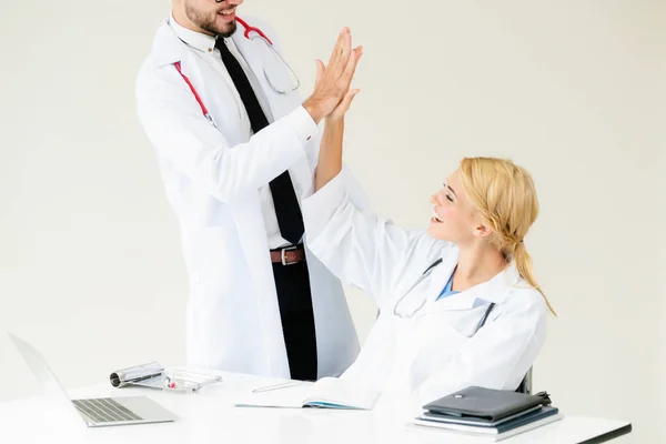 Happy Successful Doctor Celebrates Victory Hospital Office Another Doctor Standing — Stock Photo, Image