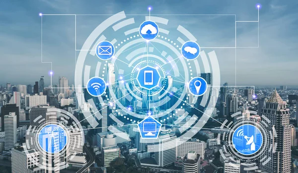 Smart Stad Och Trådlös Kommunikation Nätverk Koncept Internet Things Iot — Stockfoto