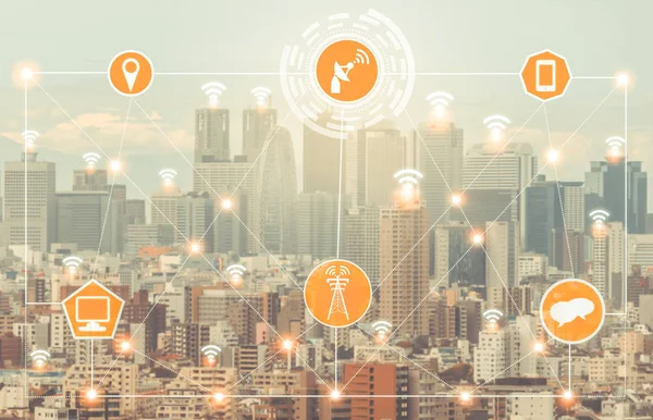 Rete Comunicazione Wireless Smart City Con Grafica Che Mostra Concetto — Foto Stock