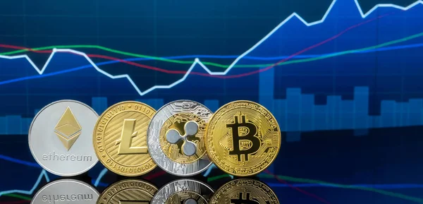 Bitcoin Cryptocurrency Fogalom Befektetés Globális Kereskedelmi Exchange Piaci Chart Háttérben — Stock Fotó