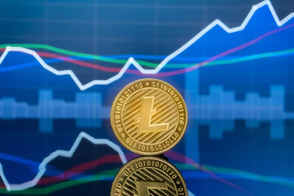 Litecoin (LTC) and cryptocurrency investing concept - Physical metal litecoin coins with global trading exchange market price chart in the background.