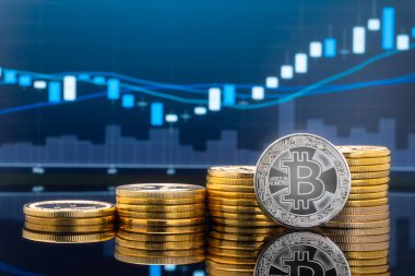 Bitcoin ve kavram - yatırım cryptocurrency fiziksel metal Bitcoin paralar ile küresel ticaret Döviz piyasa fiyatı grafiği içinde belgili tanımlık geçmiş.
