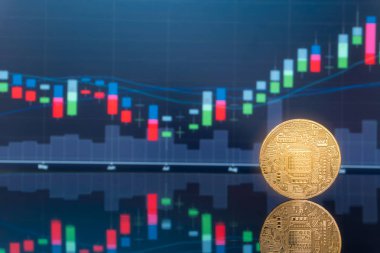 (ICO) sunan ilk madeni para ve dijital para kavramı - yatırım fiziksel metal dijital paralar ile arka planda mavi küresel ticaret Döviz piyasa fiyatı grafiği.