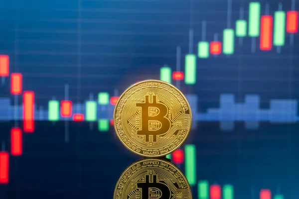 Bitcoin Cryptocurrency 投資コンセプト バック グラウンドでグローバル取引為替市場価格グラフの物理的な金属 Bitcoin — ストック写真