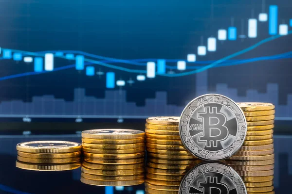 Bitcoin ve kavram - yatırım cryptocurrency fiziksel metal Bitcoin paralar ile küresel ticaret Döviz piyasa fiyatı grafiği içinde belgili tanımlık geçmiş.