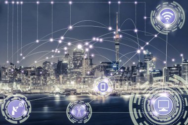 Akıllı şehir kablosuz iletişim ağı Internet şeyler (çok) ve bilgi iletişim teknolojisi (ICT) modern şehir binaları içinde belgili tanımlık geçmiş karşı grafik gösteren kavramı ile.