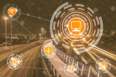 Akıllı şehir kablosuz iletişim ağı Internet şeyler (çok) ve bilgi iletişim teknolojisi (ICT) modern şehir binaları içinde belgili tanımlık geçmiş karşı grafik gösteren kavramı ile.