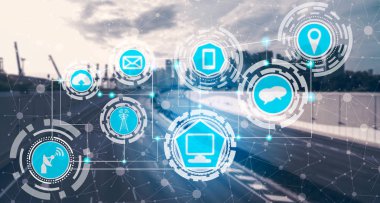 Akıllı şehir kablosuz iletişim ağı Internet şeyler (çok) ve bilgi iletişim teknolojisi (ICT) modern şehir binaları içinde belgili tanımlık geçmiş karşı grafik gösteren kavramı ile.
