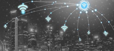 Akıllı şehir kablosuz iletişim ağı Internet şeyler (çok) ve bilgi iletişim teknolojisi (ICT) modern şehir binaları içinde belgili tanımlık geçmiş karşı grafik gösteren kavramı ile.