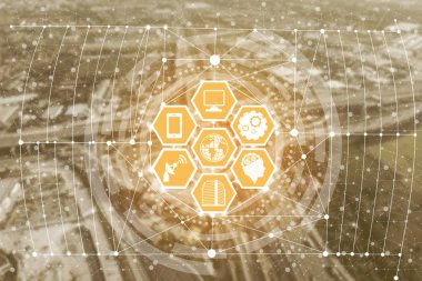 Akıllı şehir kablosuz iletişim ağı Internet şeyler (çok) ve bilgi iletişim teknolojisi (ICT) modern şehir binaları içinde belgili tanımlık geçmiş karşı grafik gösteren kavramı ile.