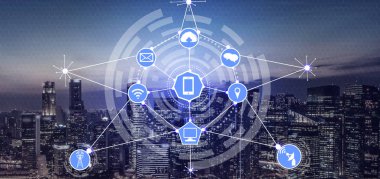 Akıllı şehir kablosuz iletişim ağı Internet şeyler (çok) ve bilgi iletişim teknolojisi (ICT) modern şehir binaları içinde belgili tanımlık geçmiş karşı grafik gösteren kavramı ile.