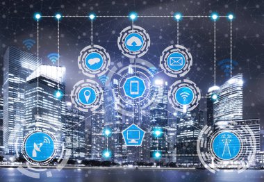 Akıllı şehir kablosuz iletişim ağı Internet şeyler (çok) ve bilgi iletişim teknolojisi (ICT) modern şehir binaları içinde belgili tanımlık geçmiş karşı grafik gösteren kavramı ile.