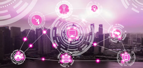 Akıllı şehir kablosuz iletişim ağı Internet şeyler (çok) ve bilgi iletişim teknolojisi (ICT) modern şehir binaları içinde belgili tanımlık geçmiş karşı grafik gösteren kavramı ile.