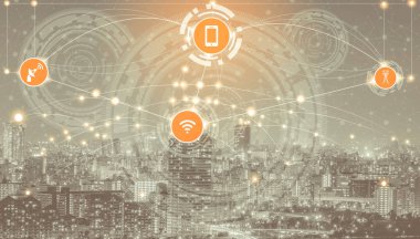 Akıllı şehir kablosuz iletişim ağı Internet şeyler (çok) ve bilgi iletişim teknolojisi (ICT) modern şehir binaları içinde belgili tanımlık geçmiş karşı grafik gösteren kavramı ile.