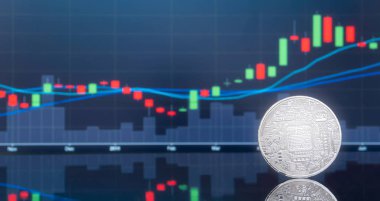 (ICO) sunan ilk madeni para ve dijital para kavramı - yatırım fiziksel metal dijital paralar ile arka planda mavi küresel ticaret Döviz piyasa fiyatı grafiği.