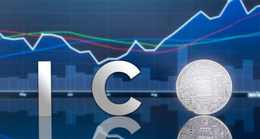 (ICO) sunan ilk madeni para ve dijital belirteci kavramı - yatırım fiziksel metal dijital paralar ile arka planda mavi küresel ticaret Döviz piyasa fiyatı grafiği.