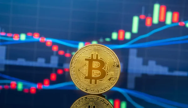 Anlagekonzept Für Bitcoin Und Kryptowährungen Physische Metall Bitcoin Coins Mit — Stockfoto