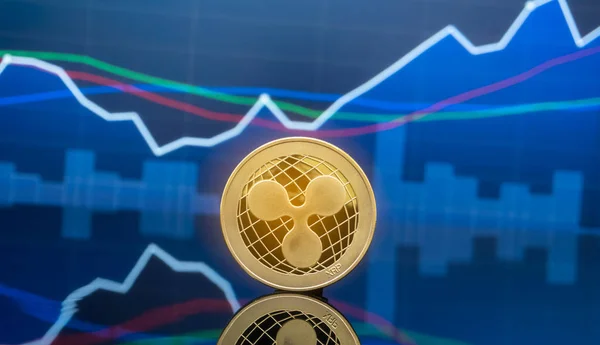 Xrp Cryptocurrency 投资概念 物理金属波纹硬币与全球交易交易所市场价格图表在背景下 — 图库照片