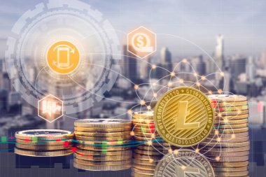 Piyasa ticaret fiyat tablosu Litecoin Ltc ve kavram - fiziksel Litecoin paralar şehir arka plan ve exchange ile yatırım cryptocurrency. Blockchain ve finans teknolojileri.