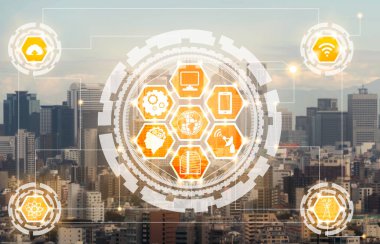 Akıllı şehir kablosuz iletişim ağı Internet şeyler (çok) ve bilgi iletişim teknolojisi (ICT) modern şehir binaları içinde belgili tanımlık geçmiş karşı grafik gösteren kavramı ile.