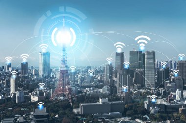Smart city wireless communication network with graphic showing concept of internet of things ( IOT ) and information communication technology ( ICT ) against modern city buildings in the background. clipart