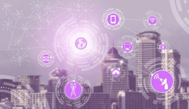 Akıllı şehir kablosuz iletişim ağı Internet şeyler (çok) ve bilgi iletişim teknolojisi (ICT) modern şehir binaları içinde belgili tanımlık geçmiş karşı grafik gösteren kavramı ile.