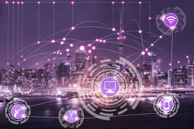 Akıllı şehir kablosuz iletişim ağı Internet şeyler (çok) ve bilgi iletişim teknolojisi (ICT) modern şehir binaları içinde belgili tanımlık geçmiş karşı grafik gösteren kavramı ile.