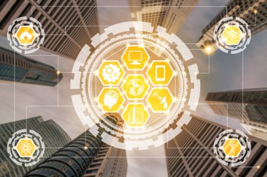 Akıllı şehir kablosuz iletişim ağı Internet şeyler (çok) ve bilgi iletişim teknolojisi (ICT) modern şehir binaları içinde belgili tanımlık geçmiş karşı grafik gösteren kavramı ile.