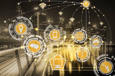 Akıllı şehir kablosuz iletişim ağı Internet şeyler (çok) ve bilgi iletişim teknolojisi (ICT) modern şehir binaları içinde belgili tanımlık geçmiş karşı grafik gösteren kavramı ile.