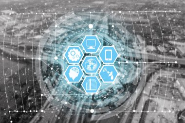 Akıllı şehir kablosuz iletişim ağı Internet şeyler (çok) ve bilgi iletişim teknolojisi (ICT) modern şehir binaları içinde belgili tanımlık geçmiş karşı grafik gösteren kavramı ile.