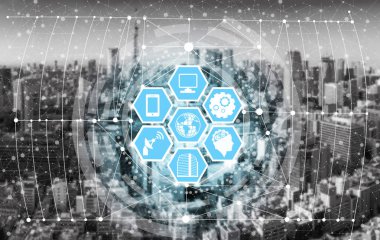 Akıllı şehir kablosuz iletişim ağı Internet şeyler (çok) ve bilgi iletişim teknolojisi (ICT) modern şehir binaları içinde belgili tanımlık geçmiş karşı grafik gösteren kavramı ile.