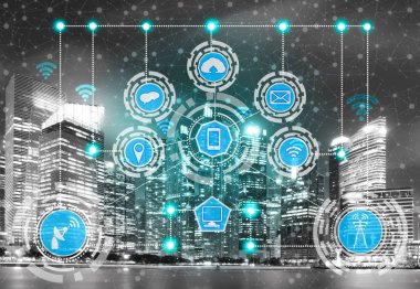 Akıllı şehir kablosuz iletişim ağı Internet şeyler (çok) ve bilgi iletişim teknolojisi (ICT) modern şehir binaları içinde belgili tanımlık geçmiş karşı grafik gösteren kavramı ile.