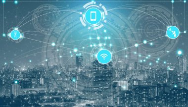 Akıllı şehir kablosuz iletişim ağı Internet şeyler (çok) ve bilgi iletişim teknolojisi (ICT) modern şehir binaları içinde belgili tanımlık geçmiş karşı grafik gösteren kavramı ile.