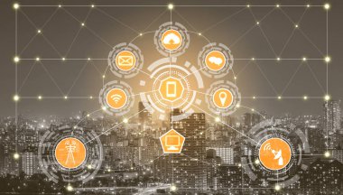 Akıllı şehir kablosuz iletişim ağı Internet şeyler (çok) ve bilgi iletişim teknolojisi (ICT) modern şehir binaları içinde belgili tanımlık geçmiş karşı grafik gösteren kavramı ile.