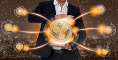 Dalgalanma ve kavram - işadamı dalgalanma (Xrp) alışverişi, ticaret, transfer ve blockchain teknoloji yatırım gösteren mobil uygulama iş ikonları/simgeleri ile tutarak yatırım cryptocurrency.