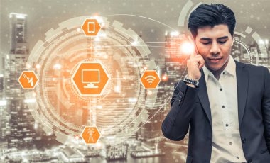 Akıllı şehir kablosuz iletişim ağı Internet şeyler (çok) ve bilgi iletişim teknolojisi (ICT) modern şehir binaları içinde belgili tanımlık geçmiş karşı grafik gösteren kavramı ile.