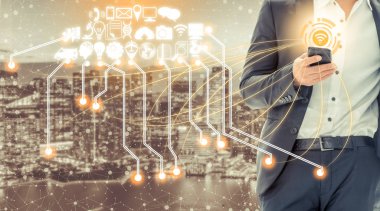 Akıllı şehir kablosuz iletişim ağı Internet şeyler (çok) ve bilgi iletişim teknolojisi (ICT) modern şehir binaları içinde belgili tanımlık geçmiş karşı grafik gösteren kavramı ile.