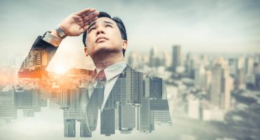 Double exposure - Business leader vision for success, looking away with modern buildings in city background. Concept of talented leadership. clipart