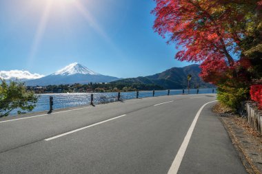 Japonya 'nın Fuji Dağı' ndaki renkli sonbahar - Kawaguchiko Gölü Fuji Dağı 'nın akçaağaç yapraklarından oluşan Fuji Dağı manzarasının tadını çıkarmak için en iyi yerlerden biridir..