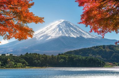 Japonya 'nın Fuji Dağı' ndaki renkli sonbahar - Kawaguchiko Gölü Fuji Dağı 'nın akçaağaç yapraklarından oluşan Fuji Dağı manzarasının tadını çıkarmak için en iyi yerlerden biridir..