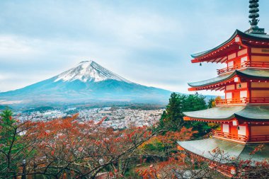 Fuji Dağı ve Chureito Pagoda adlı gündoğumu Güz, Japonya. Pagoda Arakura Sengen nerede turist panoramik görünümünden, bir Fuji Dağı'nın en ünlü görünümünün Mt Fuji görebilirsiniz tapınak mevcuttur.