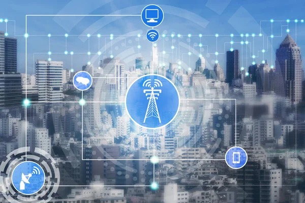 Concepto Ciudad Inteligente Red Comunicación Inalámbrica Internet Las Cosas Iot — Foto de Stock
