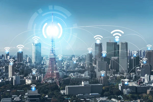 Rete Comunicazione Wireless Smart City Con Grafica Che Mostra Concetto — Foto Stock